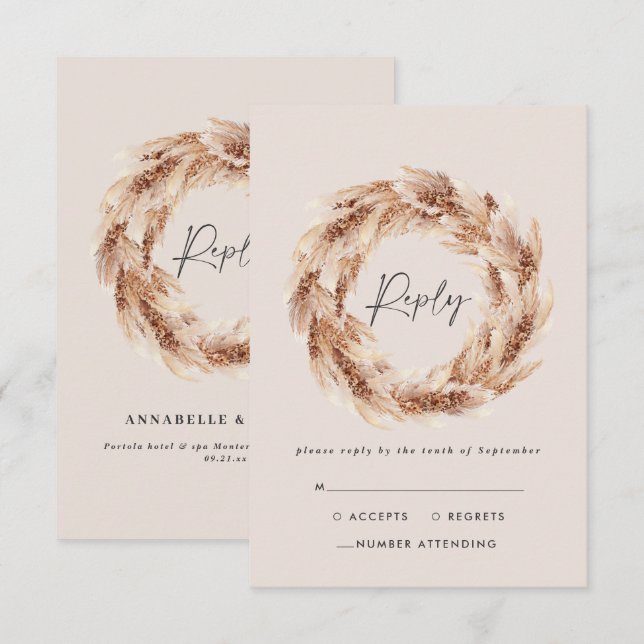 Modern bohemian rustic pampas grass wedding RSVP card (Front/Back)