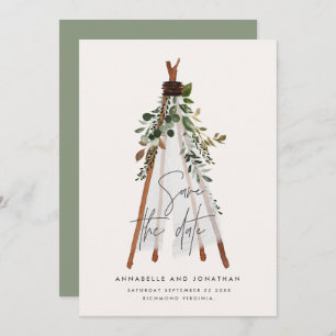 Modern bohemian teepee botanical rustic backyard save the date