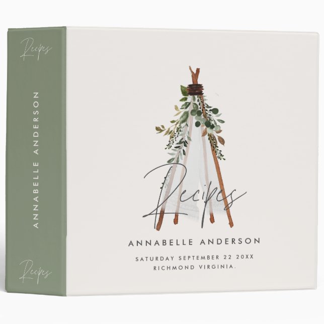 Modern bohemian teepee botanical rustic recipes binder (Front/Spine)