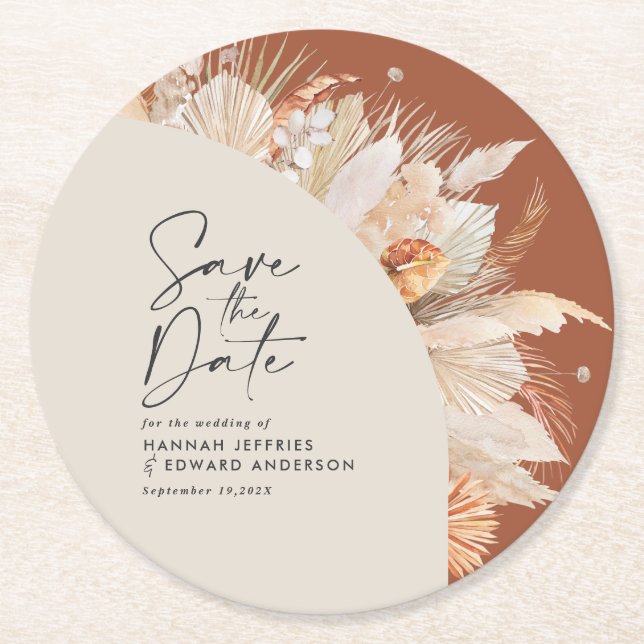 Modern bohemian terracotta pampas grass elegant round paper coaster (Front)