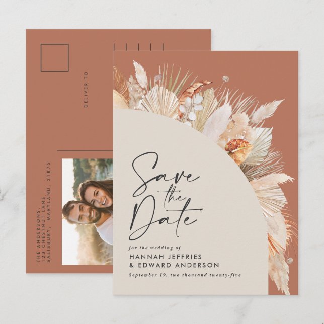 Modern bohemian terracotta pampas grass photo anno announcement postcard (Front/Back)