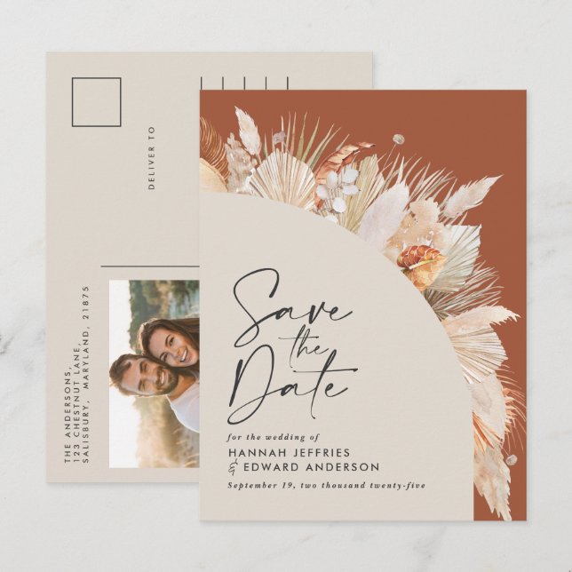 Modern bohemian terracotta pampas grass photo anno announcement postcard (Front/Back)