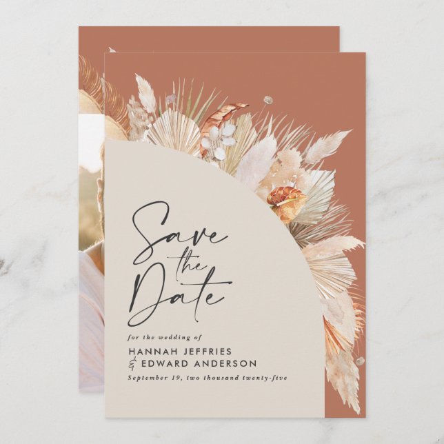 Modern bohemian terracotta pampas grass photo save save the date (Front/Back)