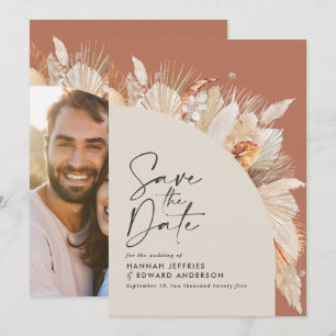 Modern bohemian terracotta pampas grass photo save the date