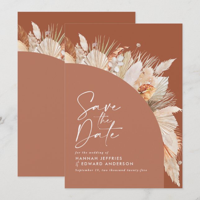Modern bohemian terracotta pampas grass stylish save the date (Front/Back)