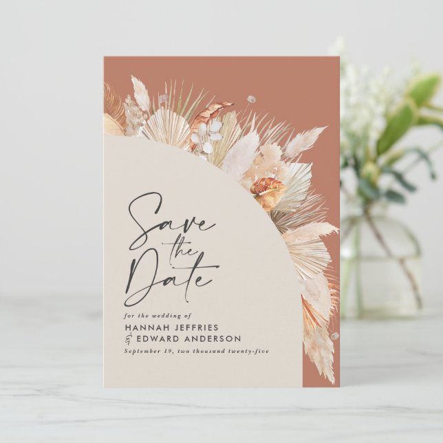 Modern bohemian terracotta pampas grass stylish save the date (Standing Front)