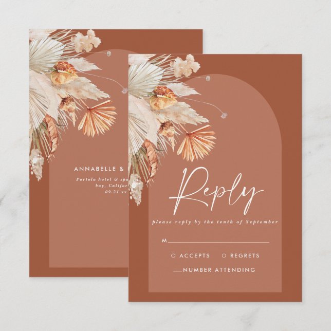Modern bohemian terracotta pampas grass wedding RS RSVP Card (Front/Back)