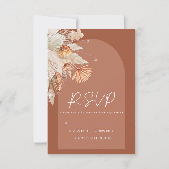 Modern bohemian terracotta pampas grass wedding RS RSVP Card (Front)
