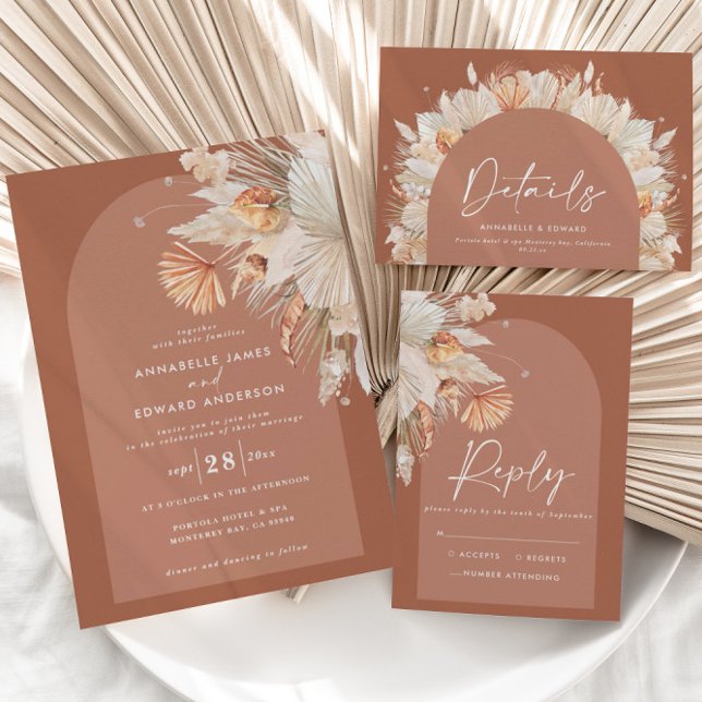Modern bohemian terracotta pampas grass wedding RSVP card (Creator Uploaded)