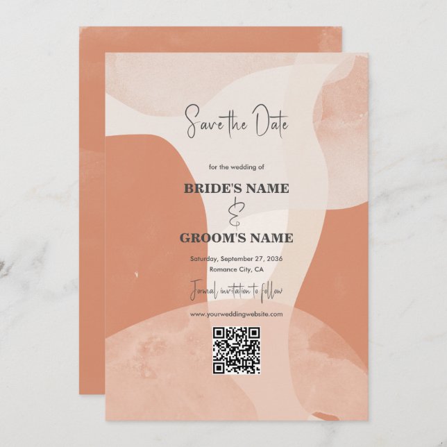 Modern Bohemian Terracotta Wedding QR Code  Save The Date (Front/Back)