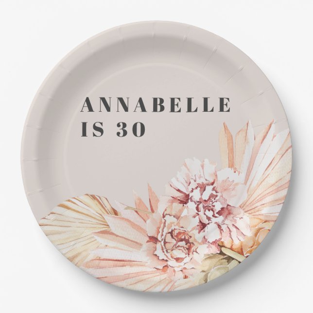 Modern bohemian watercolor floral pastel birthday paper plate (Front)