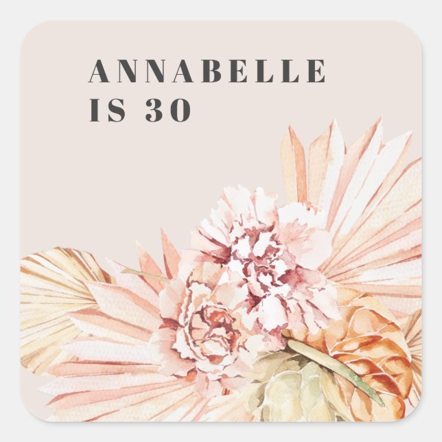 Modern bohemian watercolor floral pastel birthday  square sticker (Front)
