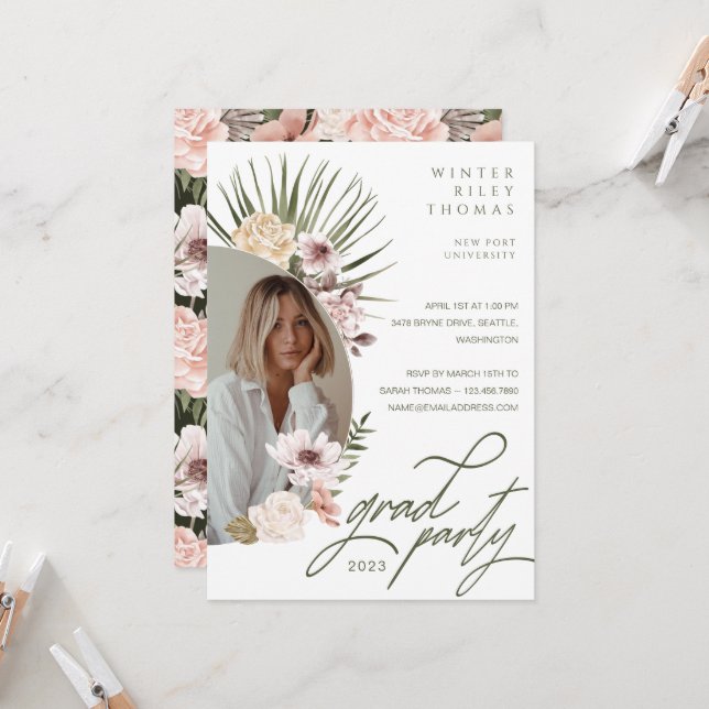 Modern Bohemian Watercolor Florals Graduate Photo  Invitation (Front/Back In Situ)