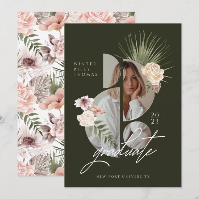Modern Bohemian Watercolor Florals Graduate Photo Invitation (Front/Back)