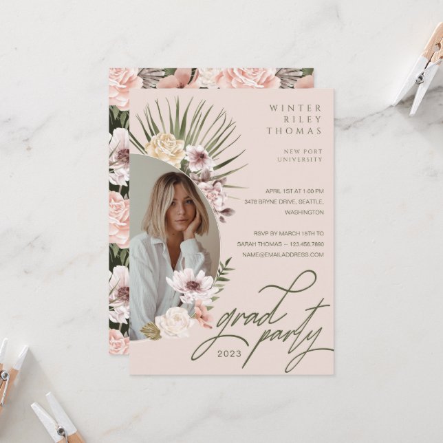 Modern Bohemian Watercolor Florals Graduate Photo  Invitation (Front/Back In Situ)