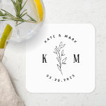 Modern Bohemian Wedding Monogram Square Paper Coaster<br><div class="desc">Custom-designed wedding monogram coaster featuring modern bohemian arch logo with hand drawing style foliage design.</div>