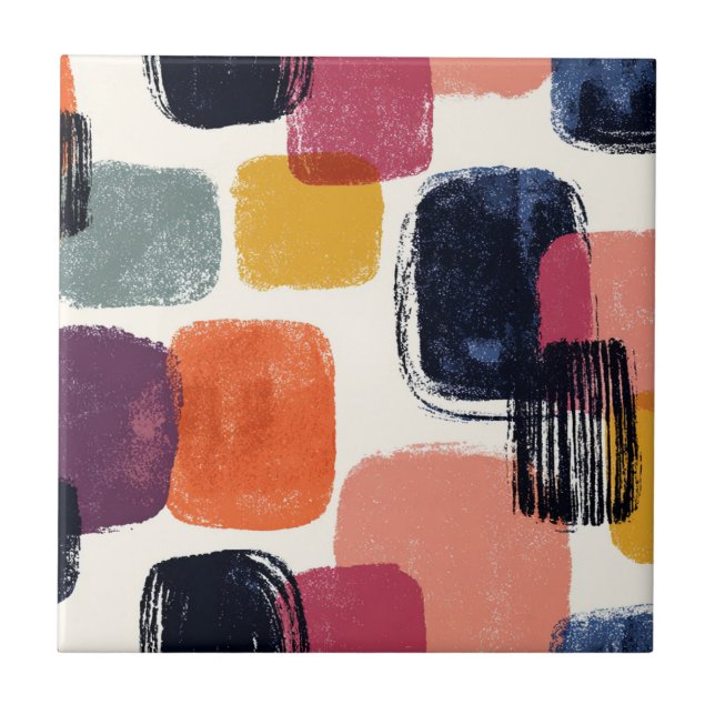 Modern Boho Abstract Brushstroke -Bold Retro Colou Tile (Front)