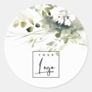 Modern Boho Abstract Green White Floral Logo Classic Round Sticker