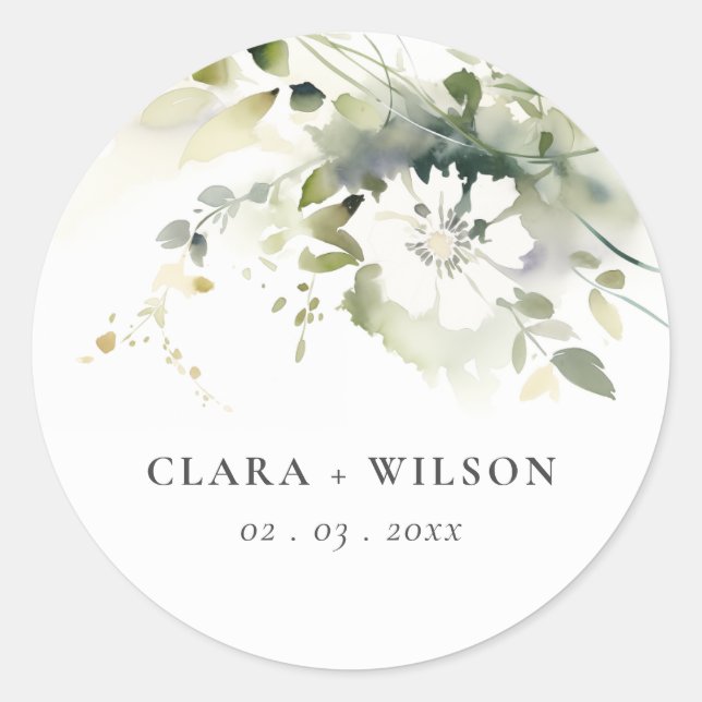 Modern Boho Abstract Green White Floral Wedding Classic Round Sticker (Front)