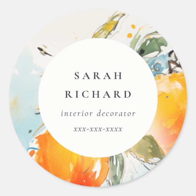 Modern Boho Abstract Sketchy Orange Garden Classic Round Sticker (Front)