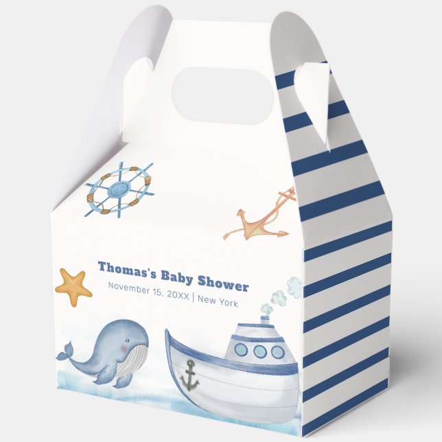Modern Boho Ahoy Boy Whale Sailboat Baby Shower  Favor Box (Back)