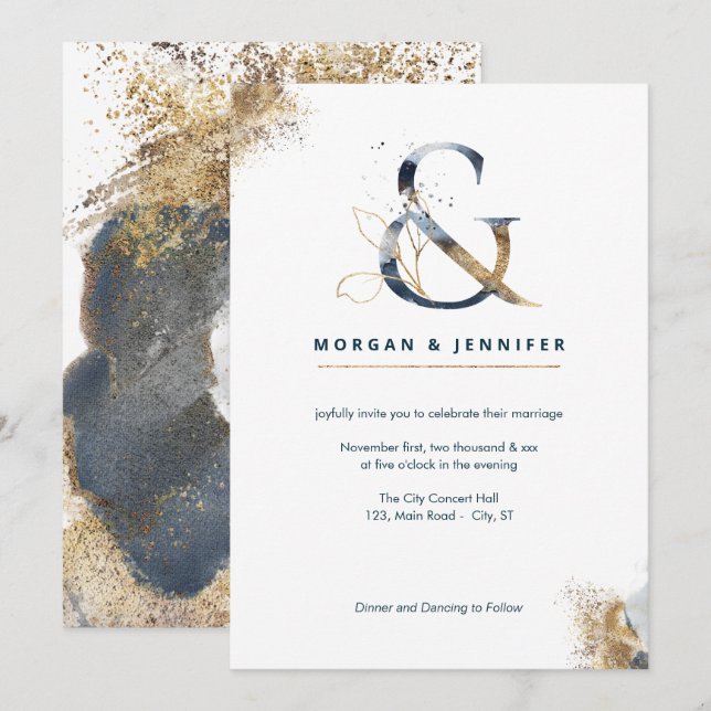 Modern boho ampersand navy and gold invitation (Front/Back)