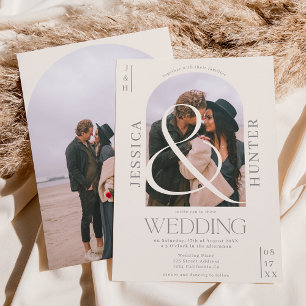 Modern boho arch 2 photos wedding ivory grey invitation