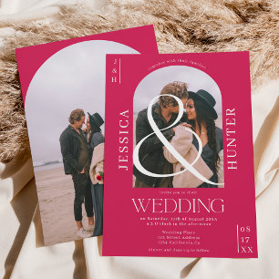 Modern boho arch 2 photos wedding magenta invitation