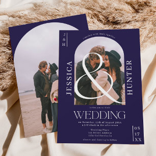 Modern boho arch 2 photos wedding navy blue invitation
