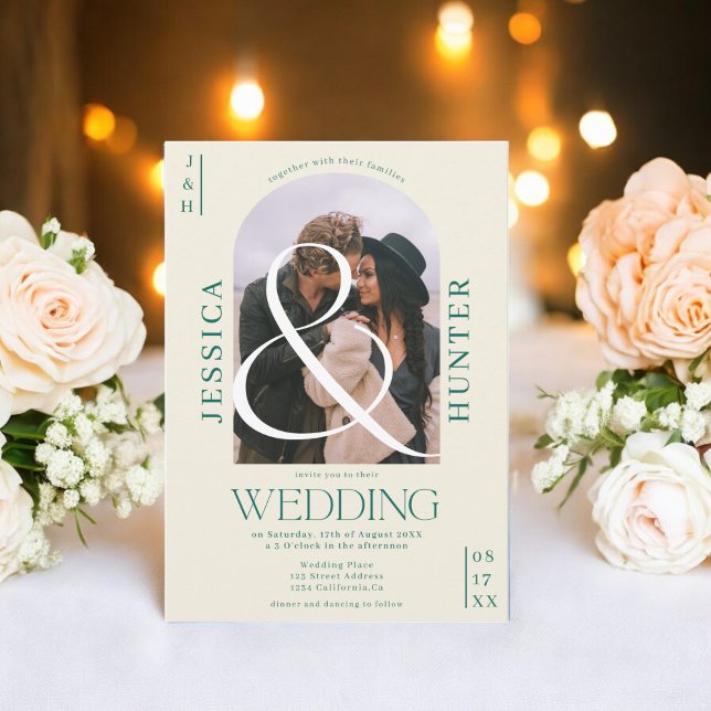 Modern boho arch 2 photos wedding retro green invitation (Modern boho arch 2 photos wedding retro green invitation)