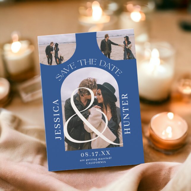 Modern boho arch 4 photos wedding blue save the date (Modern boho arch 4 photos wedding blue save the date)