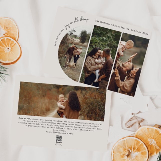 Modern Boho Arch Beige Joy In All Things 4 Photo Holiday Card (Creator Uploaded)