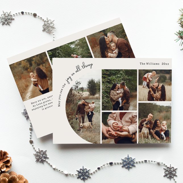 Modern Boho Arch Beige Joy In All Things 8 Photo Holiday Card (Creator Uploaded)