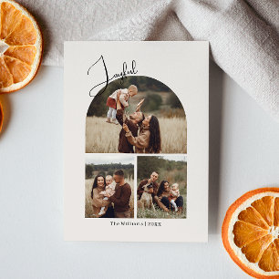 Modern Boho Arch Beige Joyful Four Photo Holiday Card