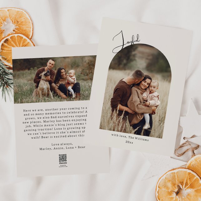 Modern Boho Arch Beige Joyful Two Photo Holiday Card (Creator Uploaded)