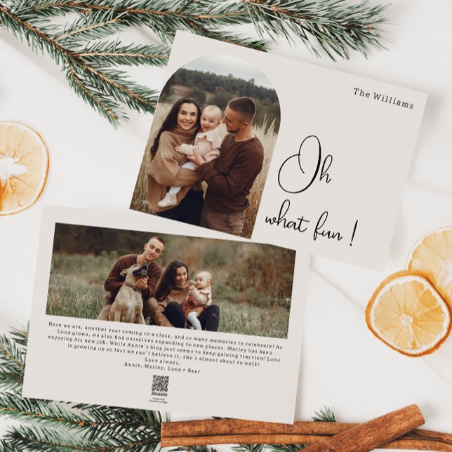 Modern Boho Arch Beige Oh What fun Two Photo Holiday Card (Creator Uploaded)