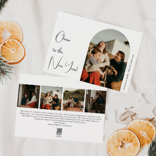 Modern Boho Arch Cheers to the New Year Five Photo Holiday Card