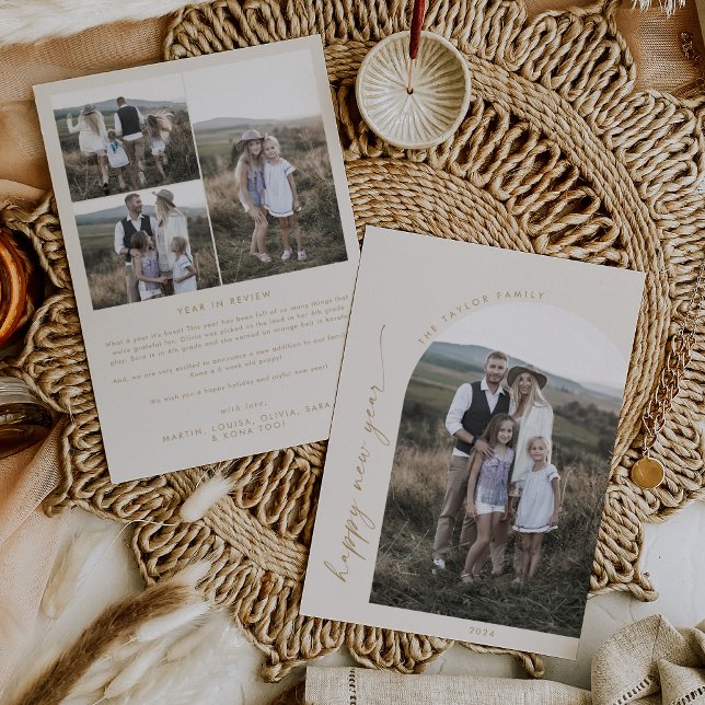 Modern Boho Arch | Cream Happy New Year Photo Holiday Card (Creator Uploaded)