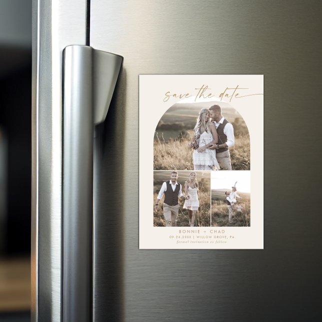 Modern Boho Arch Cream Photo Collage Save the Date Magnetic Invitation (Creator Uploaded)