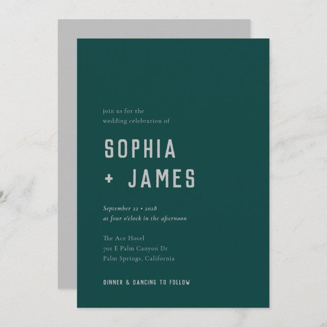 Modern Boho Arch Green Grey Typography Wedding  Invitation (Front/Back)
