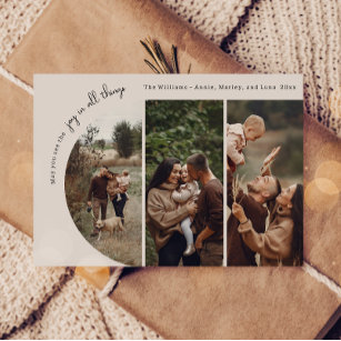 Modern Boho Arch Green Joy In All Things 3 Photo Holiday Card