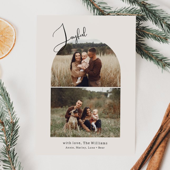 Modern Boho Arch Green Joyful Two Photo Holiday Card (Creator Uploaded)