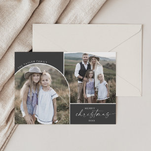 Modern Boho Arch Grey 2 Photos Merry Christmas Holiday Card