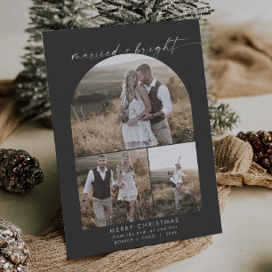 Modern Boho Arch Grey Photo Collage Newlywed Holiday Card