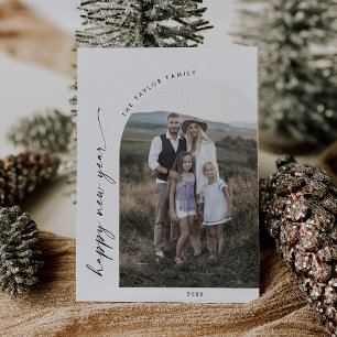 Modern Boho Arch Happy New Year Photo Holiday Card