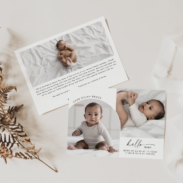 Modern Boho Arch Hello Baby 3 Photo Birth Announcement (Creator Uploaded)