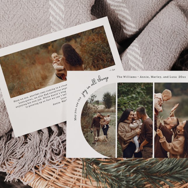 Modern Boho Arch Joy In All Things 4 Photo Holiday Card (Creator Uploaded)