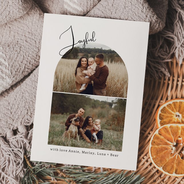 Modern Boho Arch Joyful Two Photo Holiday Card (Creator Uploaded)