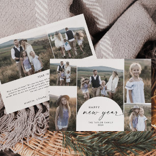 Modern Boho Arch Multi Photo Family News New Years Holiday Card