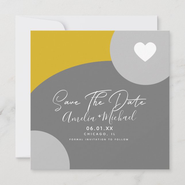 Modern Boho Arch Organic Grey Yellow Save the Date Card (Front)